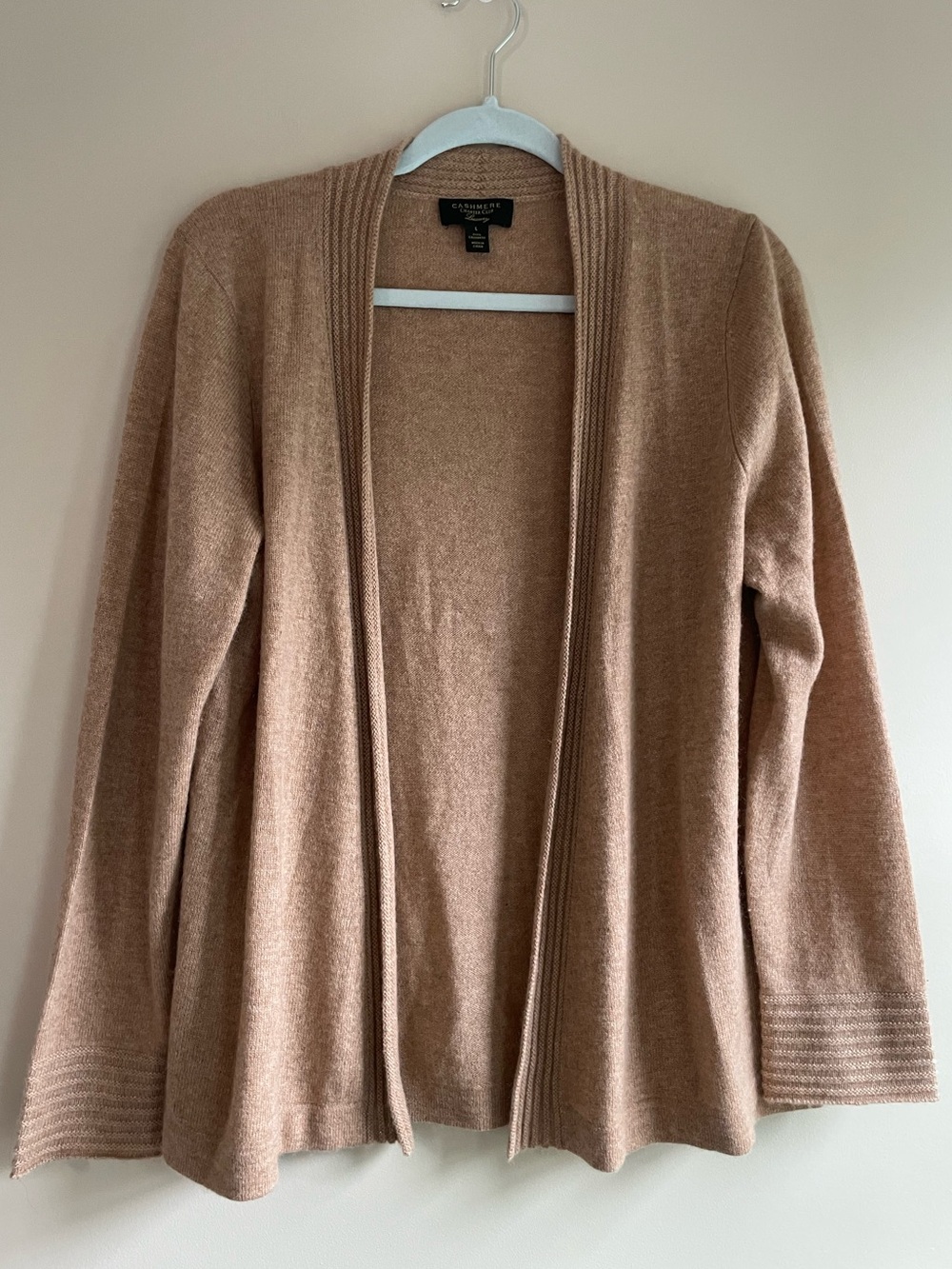 Charter Club Cashmere Open-Front Cardigan in Camel Brown with Ribbed Edge Detail